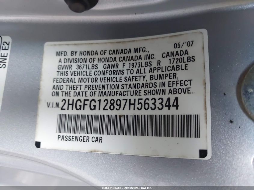 2007 Honda Civic Ex VIN: 2HGFG12897H563344 Lot: 43193418