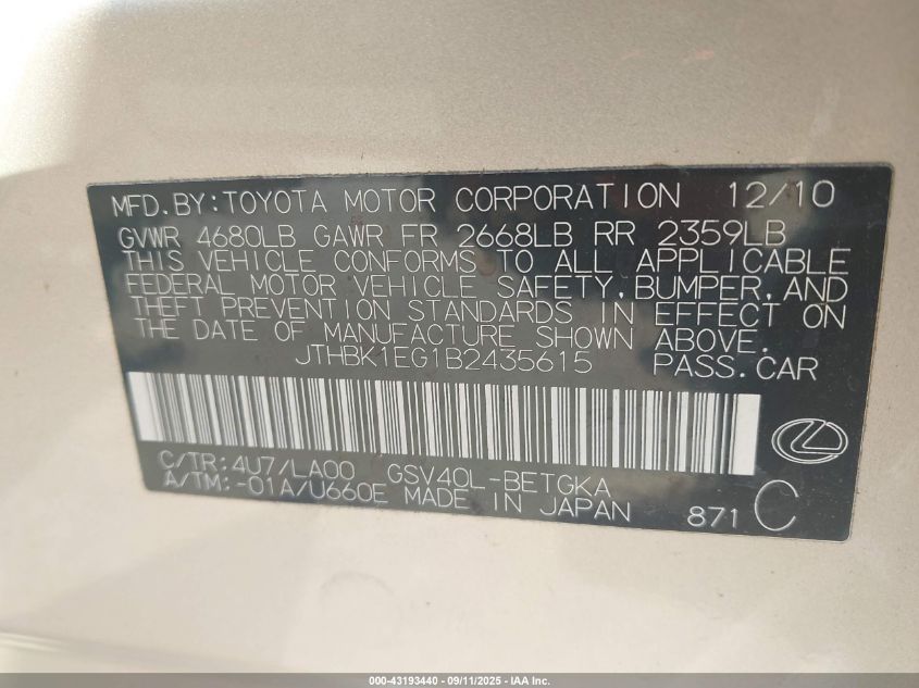 2011 Lexus Es 350 VIN: JTHBK1EG1B2435615 Lot: 43193440