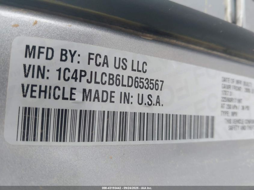 2020 Jeep Cherokee Latitude Fwd VIN: 1C4PJLCB6LD653567 Lot: 43193442