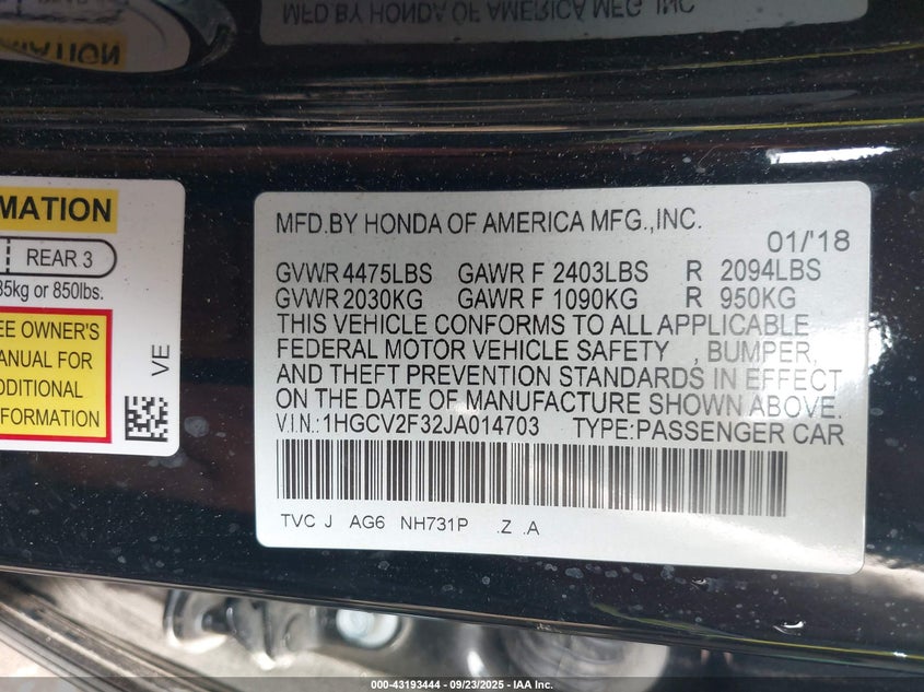 VIN 1HGCV2F32JA014703 2018 HONDA ACCORD SPORT 2.0T
