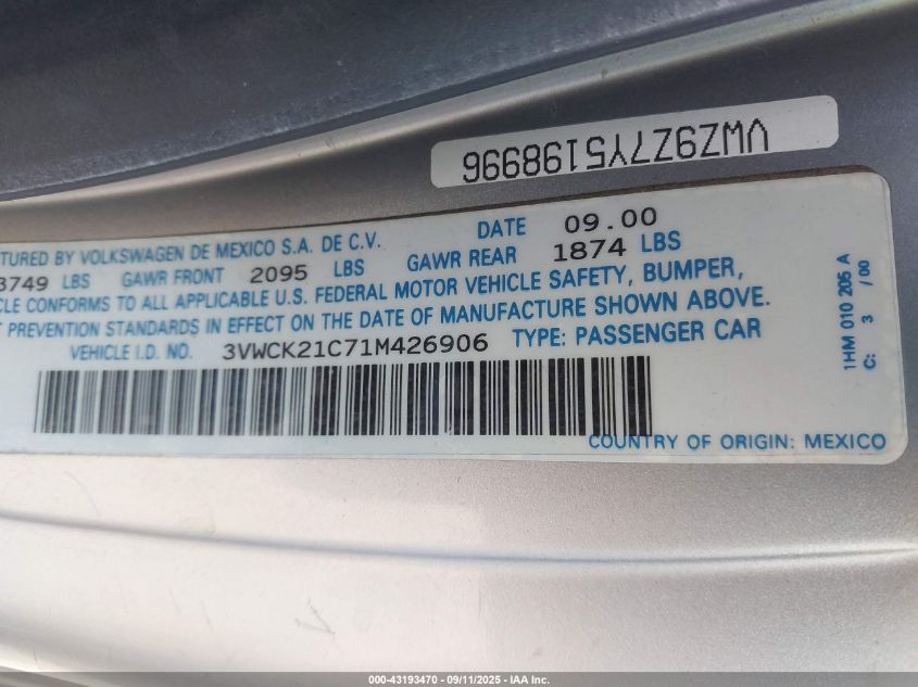 2001 Volkswagen New Beetle Gls VIN: 3VWCK21C71M426906 Lot: 43193470