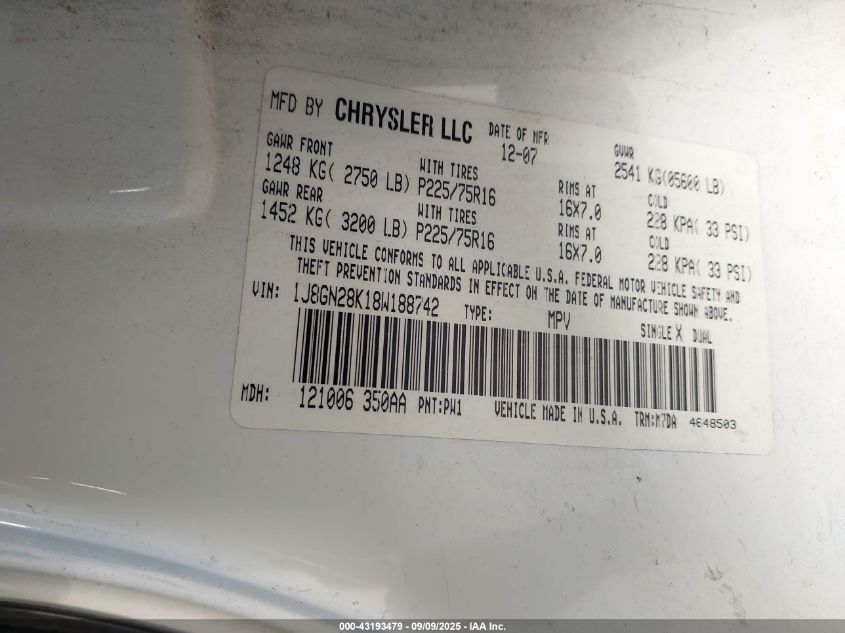 2008 Jeep Liberty Sport VIN: 1J8GN28K18W188742 Lot: 43193479