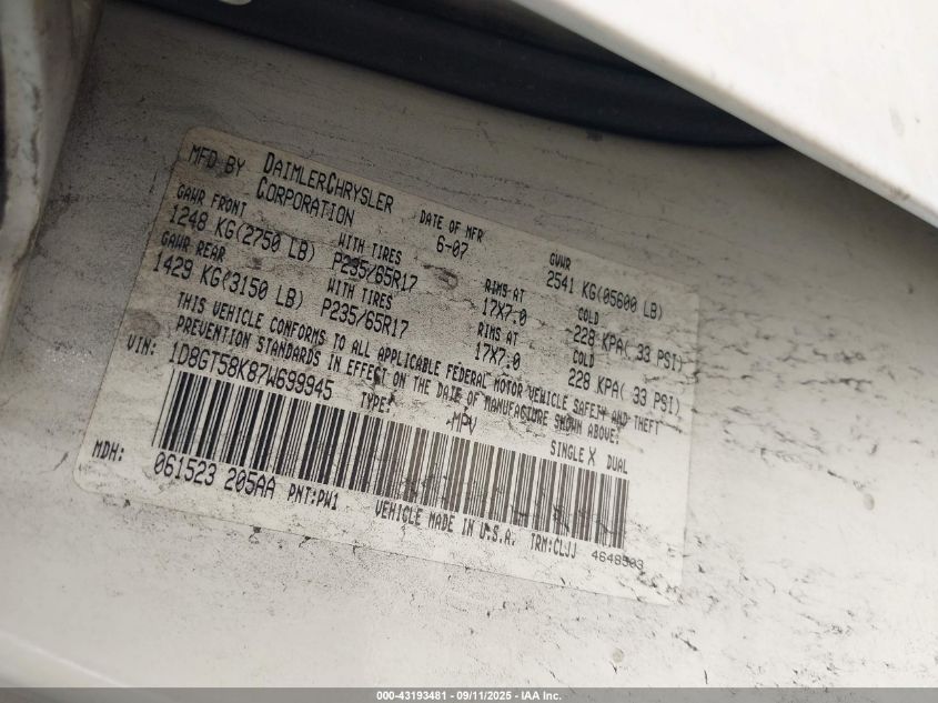 2007 Dodge Nitro Slt/Rt VIN: 1D8GT58K87W699945 Lot: 43193481