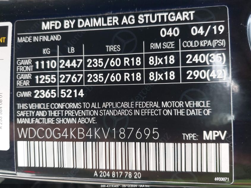 2019 Mercedes-Benz Glc 300 4Matic VIN: WDC0G4KB4KV187695 Lot: 43193497