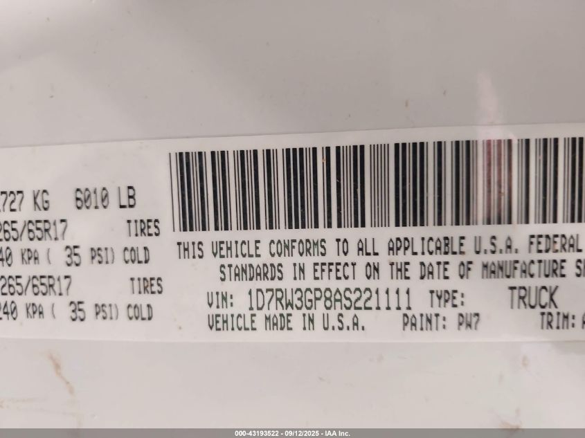 2010 Dodge Dakota Sxt VIN: 1D7RW3GP8AF221111 Lot: 43193522