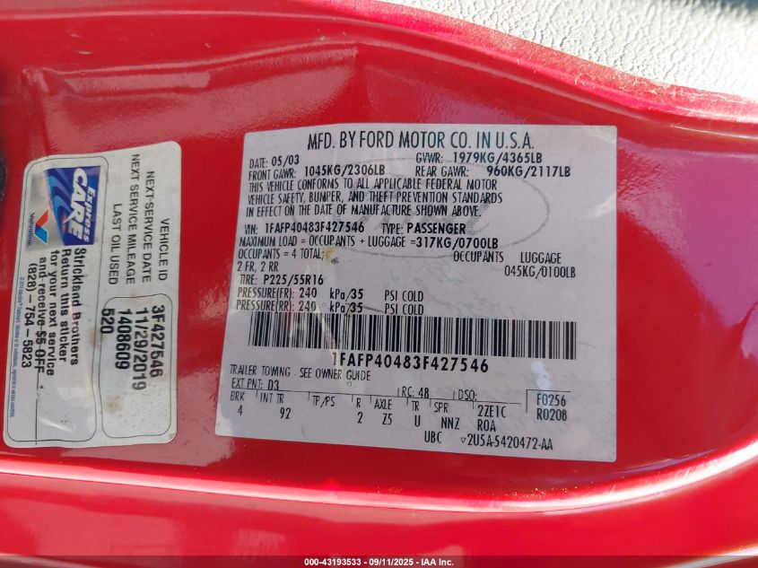 2003 Ford Mustang VIN: 1FAFP40483F427546 Lot: 43193533