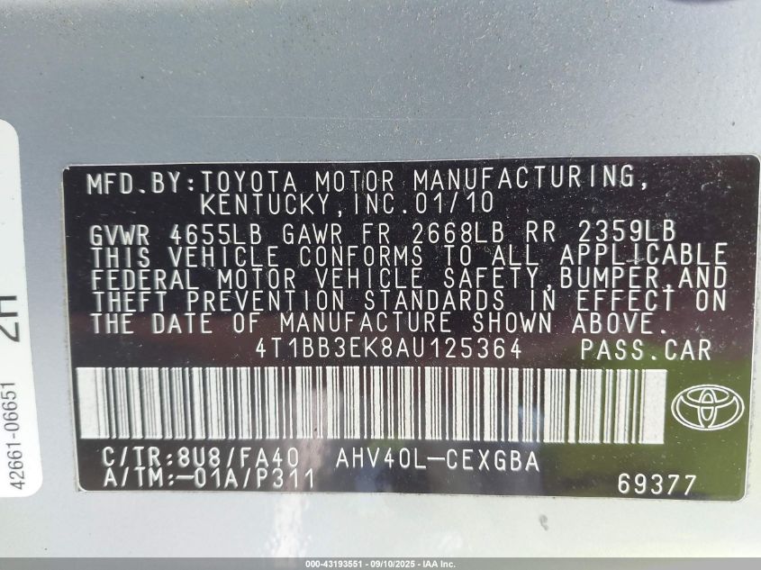 2010 Toyota Camry Hybrid VIN: 4T1BB3EK8AU125364 Lot: 43193551