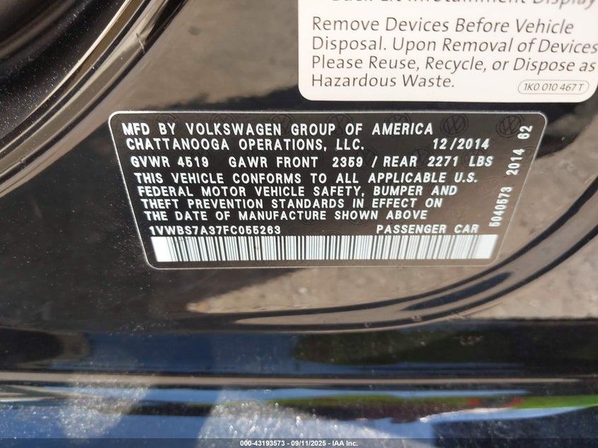 2015 VOLKSWAGEN PASSAT 1.8T SE 1VWBS7A37FC055263