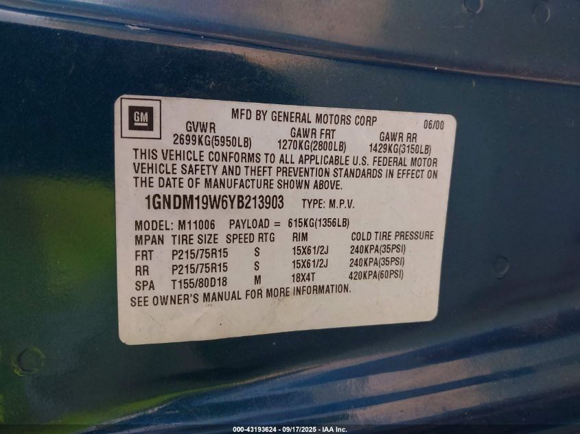 2000 Chevrolet Astro VIN: 1GNDM19W6YB213903 Lot: 43193624