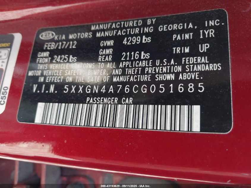 2012 Kia Optima Ex VIN: 5XXGN4A76CG051685 Lot: 43193629