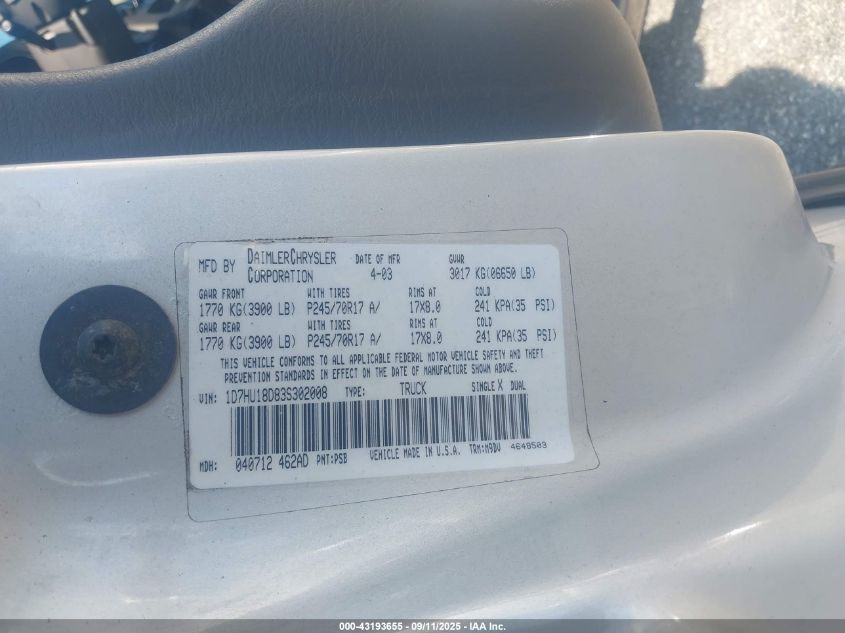 2003 Dodge Ram 1500 Slt/Laramie/St VIN: 1D7HU18D83S302008 Lot: 43193655