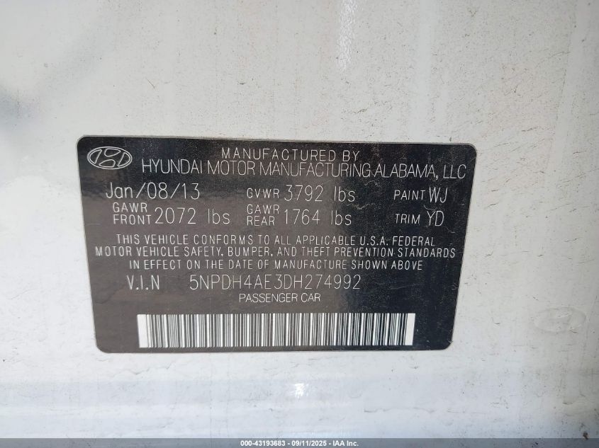 2013 Hyundai Elantra Gls VIN: 5NPDH4AE3DH274992 Lot: 43193683