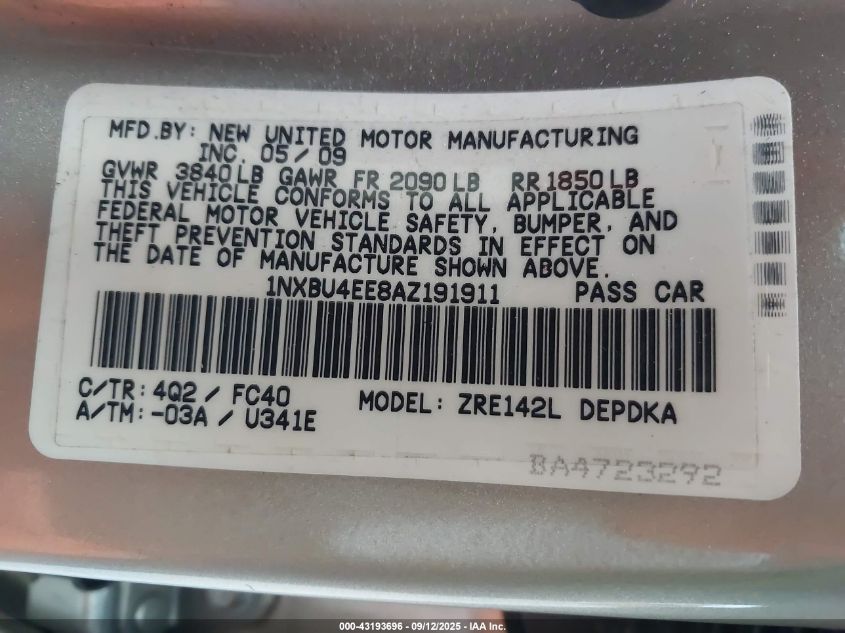 2010 Toyota Corolla Le VIN: 1NXBU4EE8AZ191911 Lot: 43193696