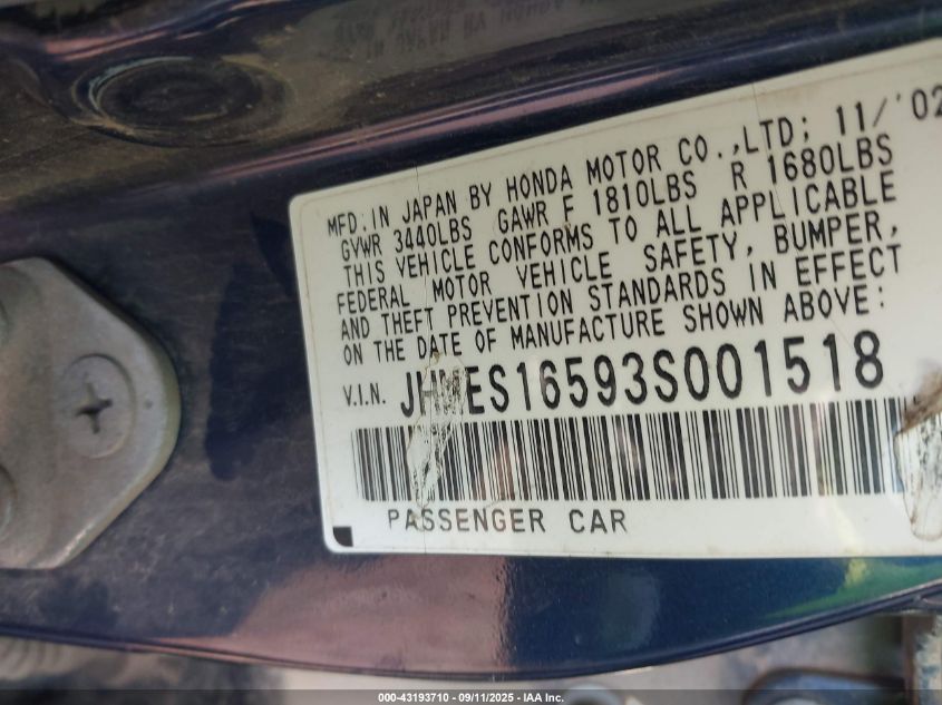 2003 Honda Civic Lx VIN: JHMES16593S001518 Lot: 43193710