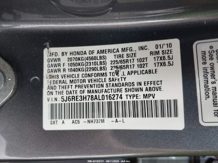 2010 Honda Cr-V Ex-L VIN: 5J6RE3H78AL016274 Lot: 43193731