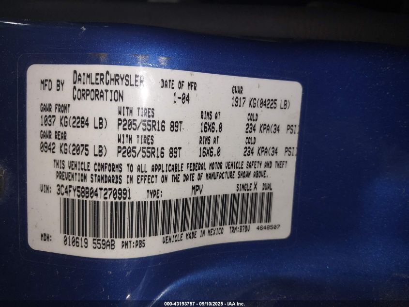 2004 Chrysler Pt Cruiser Touring VIN: 3C4FY58B04T270991 Lot: 43193757