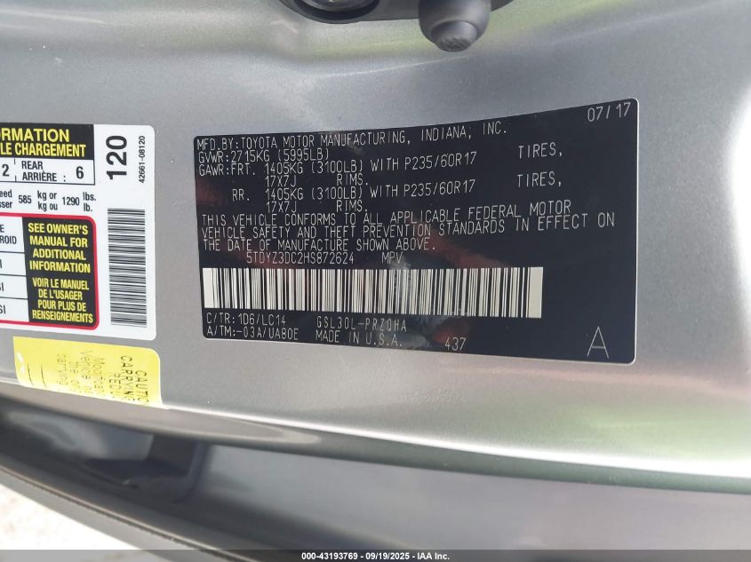 2017 Toyota Sienna Xle 8 Passenger VIN: 5TDYZ3DC2HS872624 Lot: 43193769