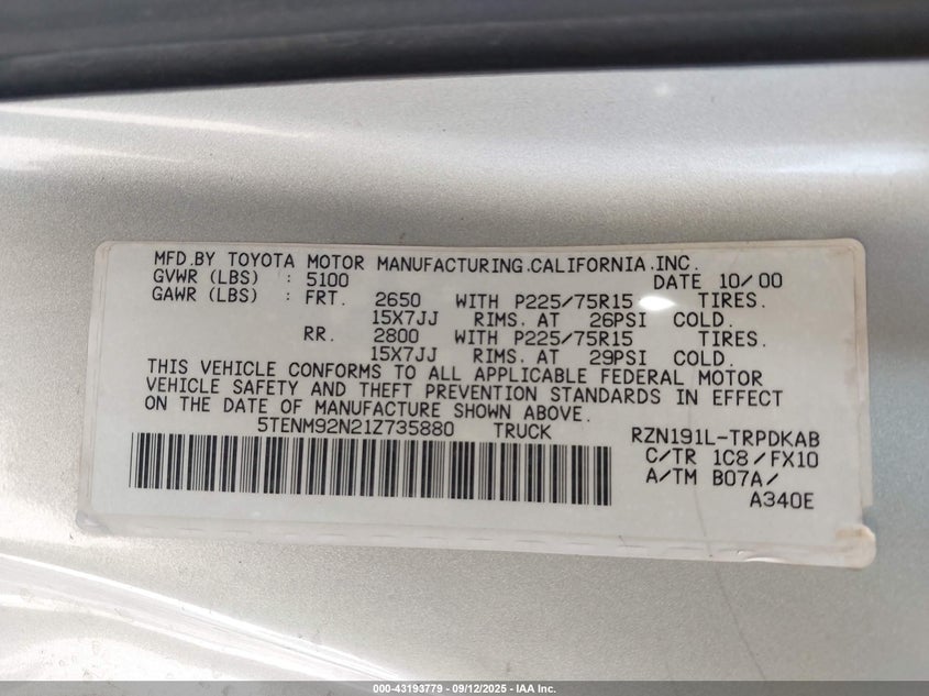 2001 Toyota Tacoma Prerunner VIN: 5TENM92N21Z735880 Lot: 43193779