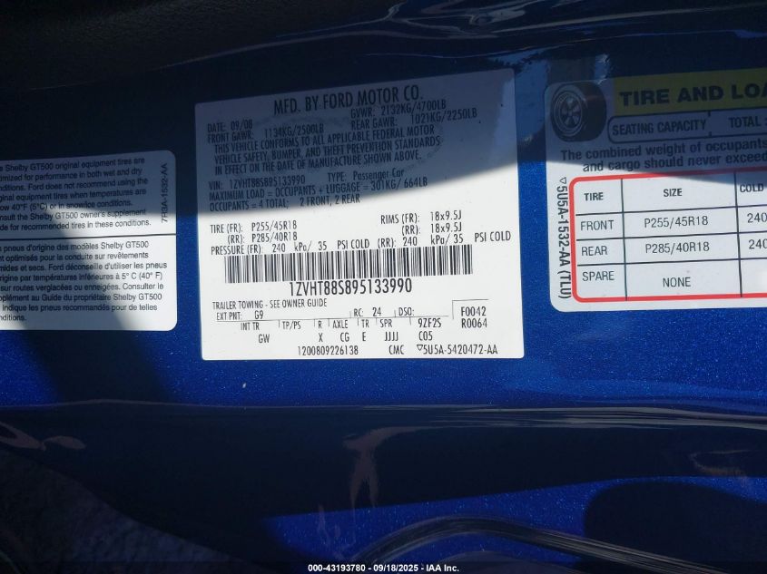 2009 Ford Mustang Shelby Gt500 VIN: 1ZVHT88S895133990 Lot: 43193780