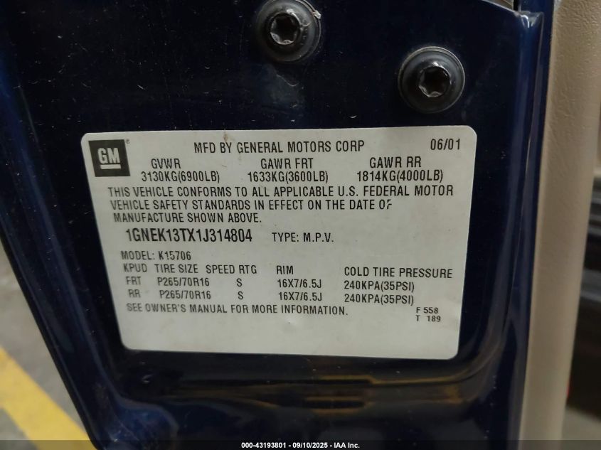 2001 Chevrolet Tahoe Lt VIN: 1GNEK13TX1J314804 Lot: 43193801