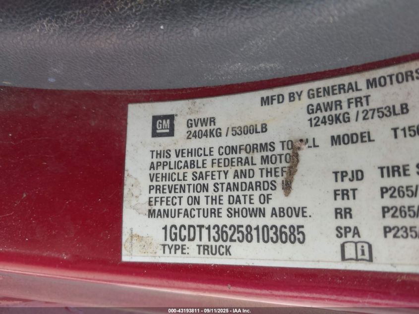 2005 Chevrolet Colorado Ls VIN: 1GCDT136258103685 Lot: 43193811
