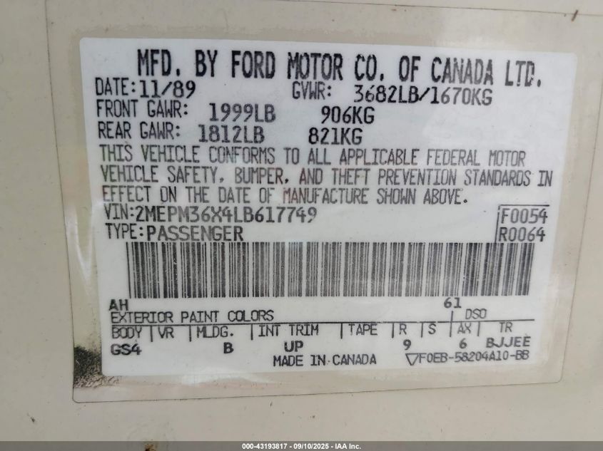 1990 Mercury Topaz Gs VIN: 2MEPM36X4LB617749 Lot: 43193817