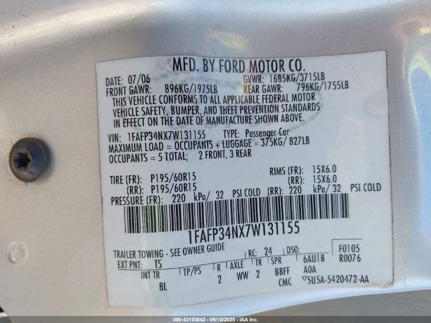 2007 Ford Focus S/Se/Ses VIN: 1FAFP34NX7W131155 Lot: 43193842