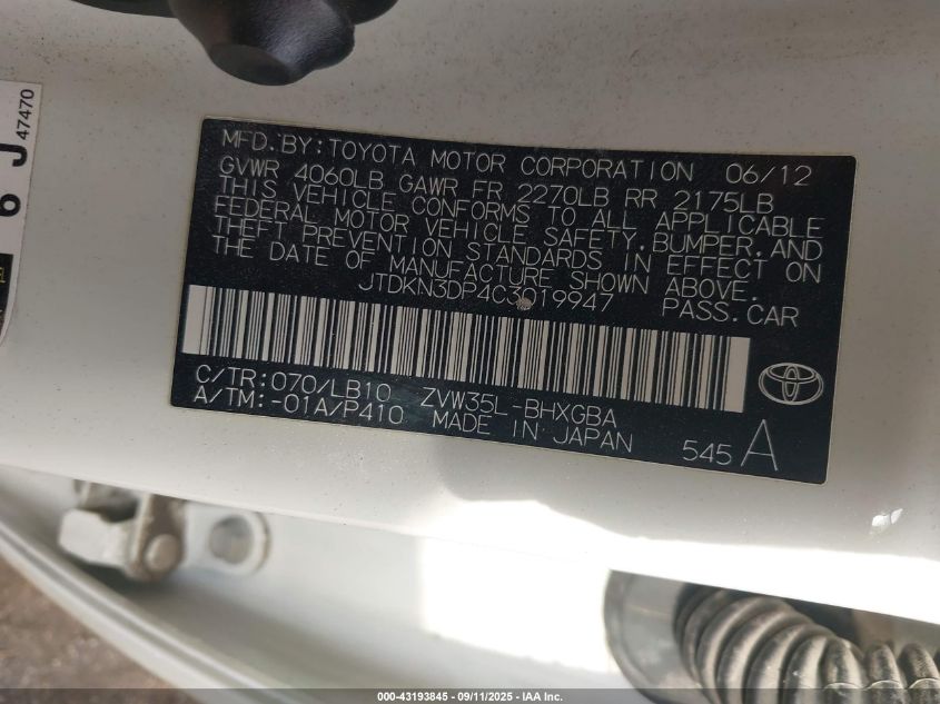 2012 Toyota Prius Plug-In Advanced VIN: JTDKN3DP4C3019947 Lot: 43193845