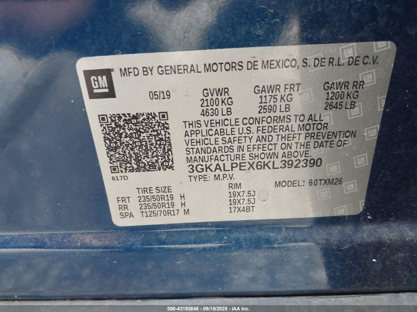 2019 GMC Terrain Slt VIN: 3GKALPEX6KL392390 Lot: 43193846