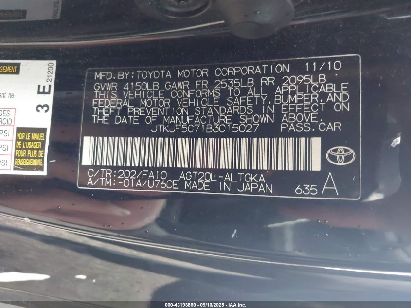 2011 Scion Tc VIN: JTKJF5C71B3015027 Lot: 43193860