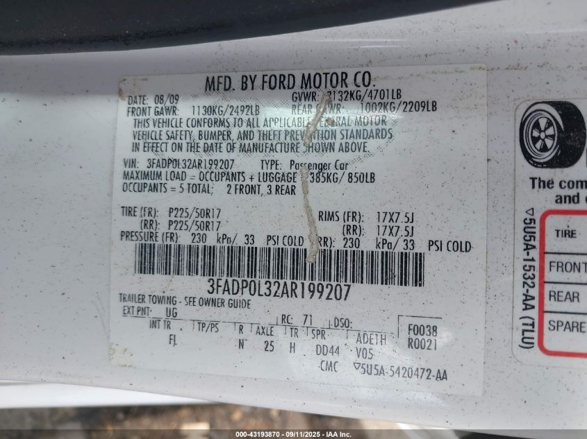 2010 Ford Fusion Hybrid VIN: 3FADP0L32AR199207 Lot: 43193870