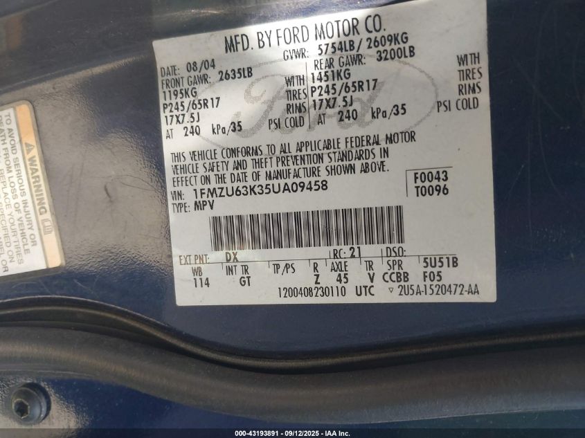 2005 Ford Explorer Xlt/Xlt Sport VIN: 1FMZU63K35UA09458 Lot: 43193891