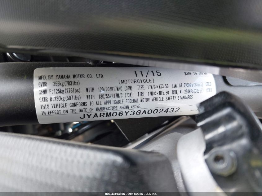 2016 Yamaha Fz07 C VIN: JYARM06Y3GA002432 Lot: 43193896
