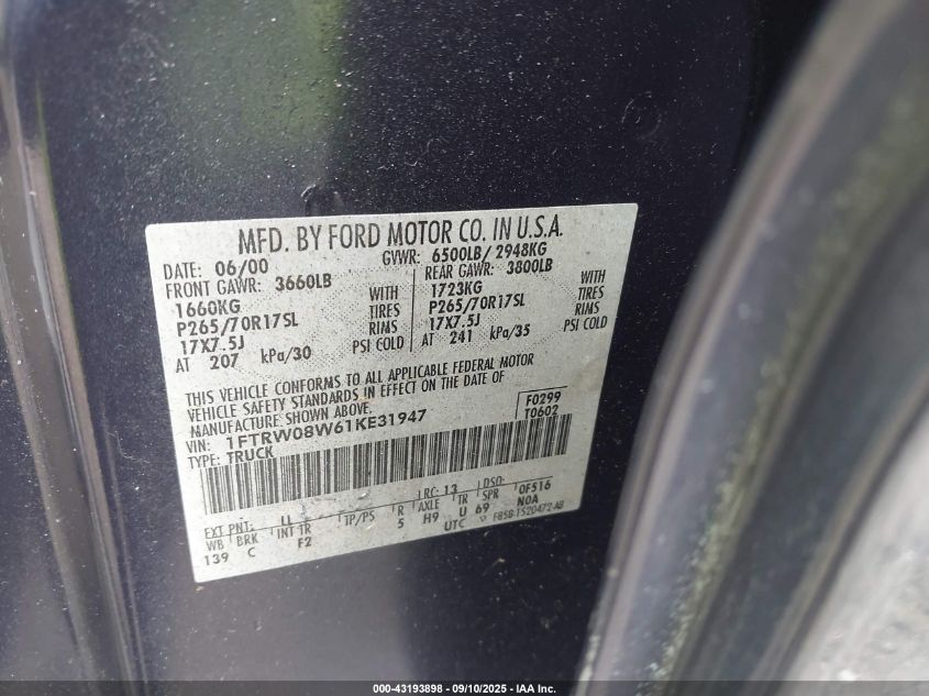 2001 Ford F-150 King Ranch Edition/Lariat/Xlt VIN: 1FTRW08W61KE31947 Lot: 43193898