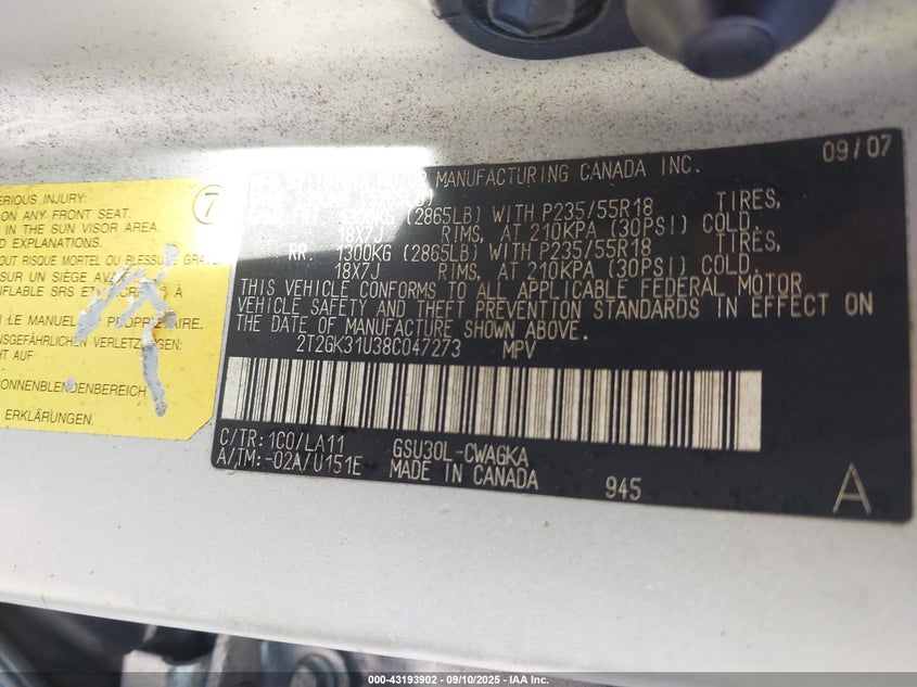 2008 Lexus Rx 350 VIN: 2T2GK31U38C047273 Lot: 43193902