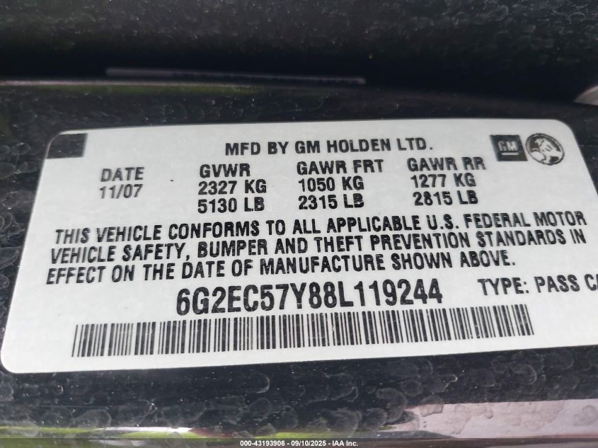 2008 Pontiac G8 Gt VIN: 6G2EC57Y88L119244 Lot: 43193906