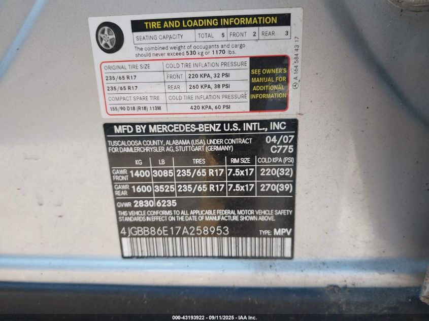 2007 Mercedes-Benz Ml 350 4Matic VIN: 4JGBB86E17A258953 Lot: 43193922