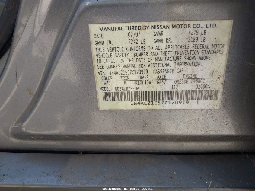 2007 Nissan Altima 2.5 S VIN: 1N4AL21E57C170919 Lot: 43193928