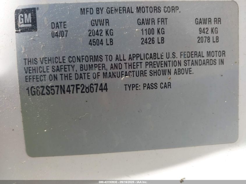 2007 Saturn Aura Xe VIN: 1G8ZS57N47F286744 Lot: 43193930