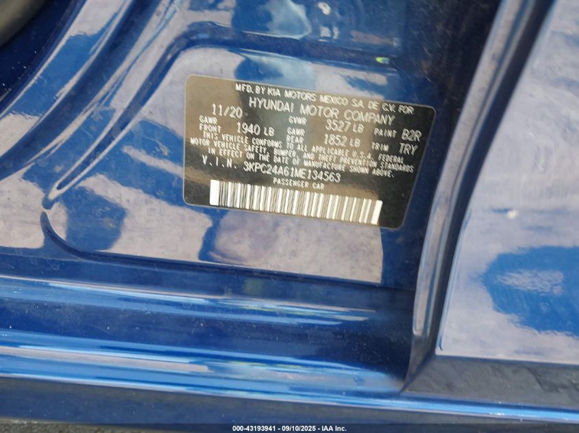 2021 Hyundai Accent Sel VIN: 3KPC24A61ME134563 Lot: 43193941