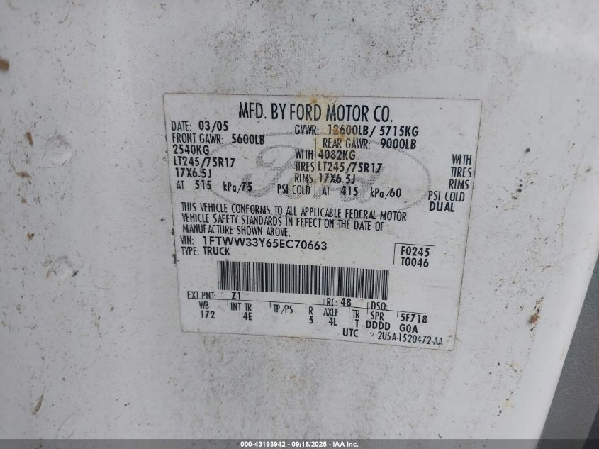 2005 Ford F-350 Lariat/Xl/Xlt VIN: 1FTWW33Y65EC70663 Lot: 43193942