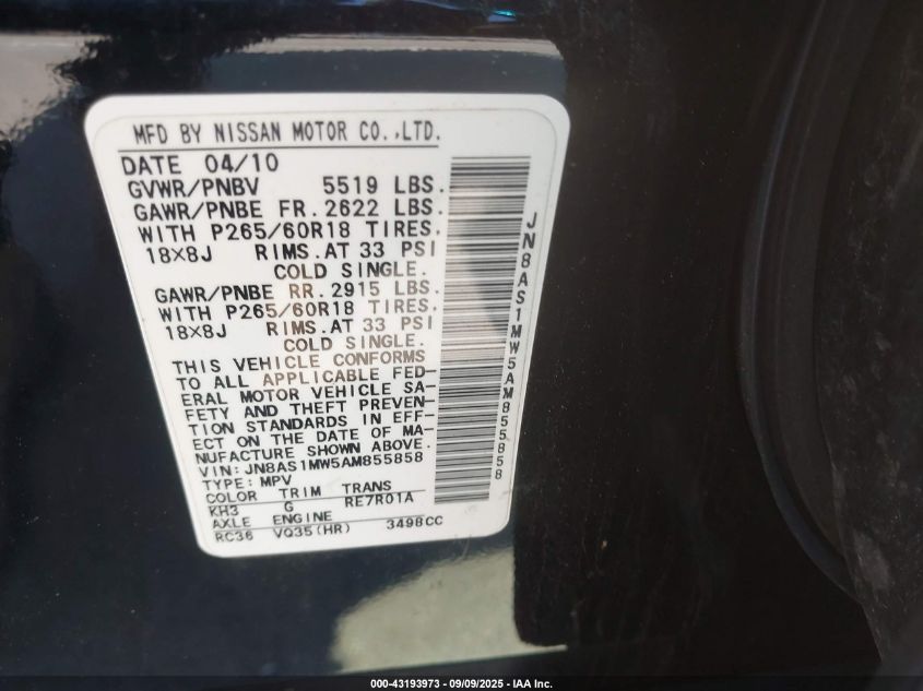 2010 Infiniti Fx35 VIN: JN8AS1MW5AM855858 Lot: 43193973