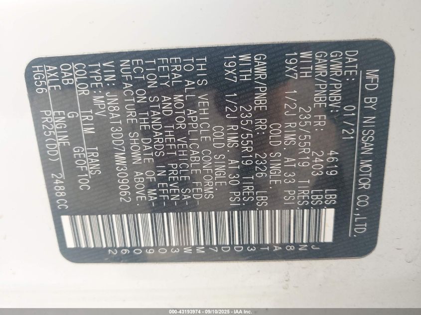 2021 Nissan Rogue Platinum Intelligent Awd VIN: JN8AT3DD7MW309062 Lot: 43193974