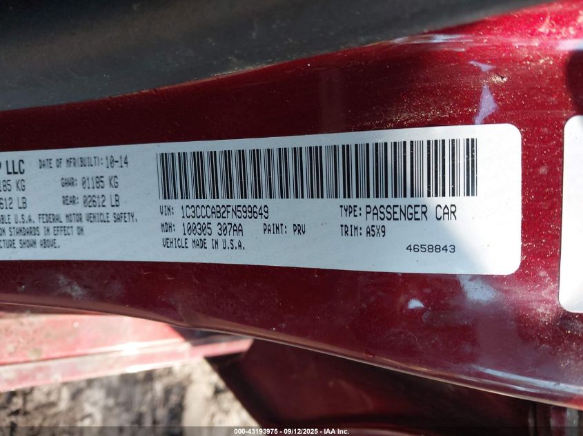 2015 Chrysler 200 Limited VIN: 1C3CCCAB2FN599649 Lot: 43193975