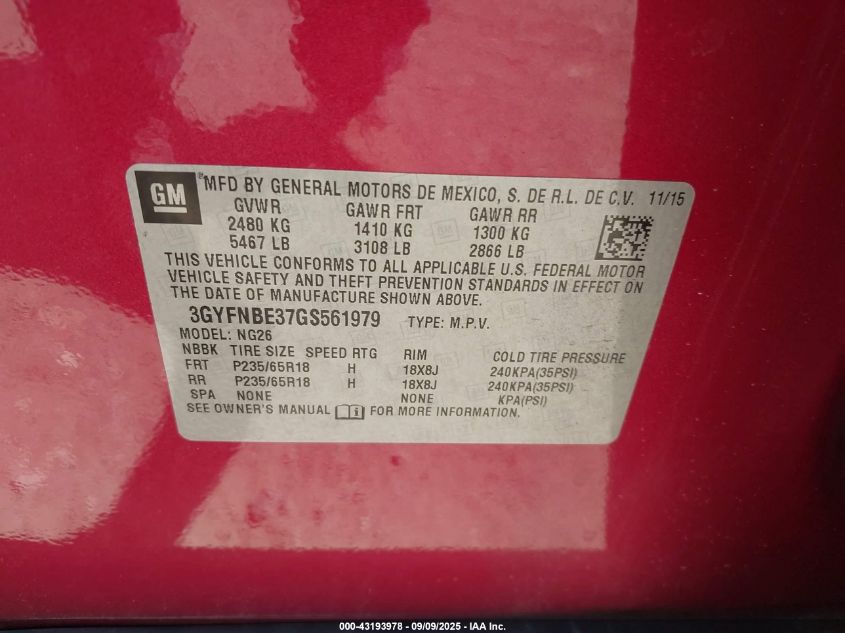 2016 Cadillac Srx Luxury Collection VIN: 3GYFNBE37GS561979 Lot: 43193978