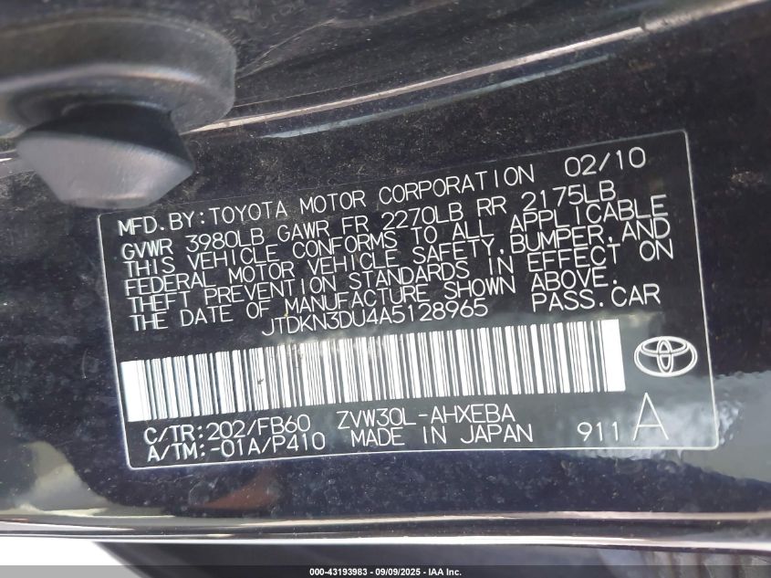 2010 Toyota Prius Iii VIN: JTDKN3DU4A5128965 Lot: 43193983