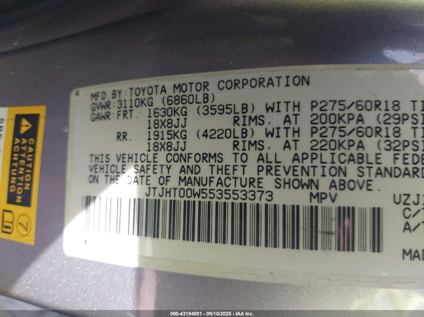 2005 Lexus Lx 470 VIN: JTJHT00W553553373 Lot: 43194001