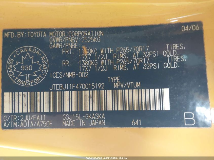 2007 Toyota Fj Cruiser VIN: JTEBU11F470015192 Lot: 43194009