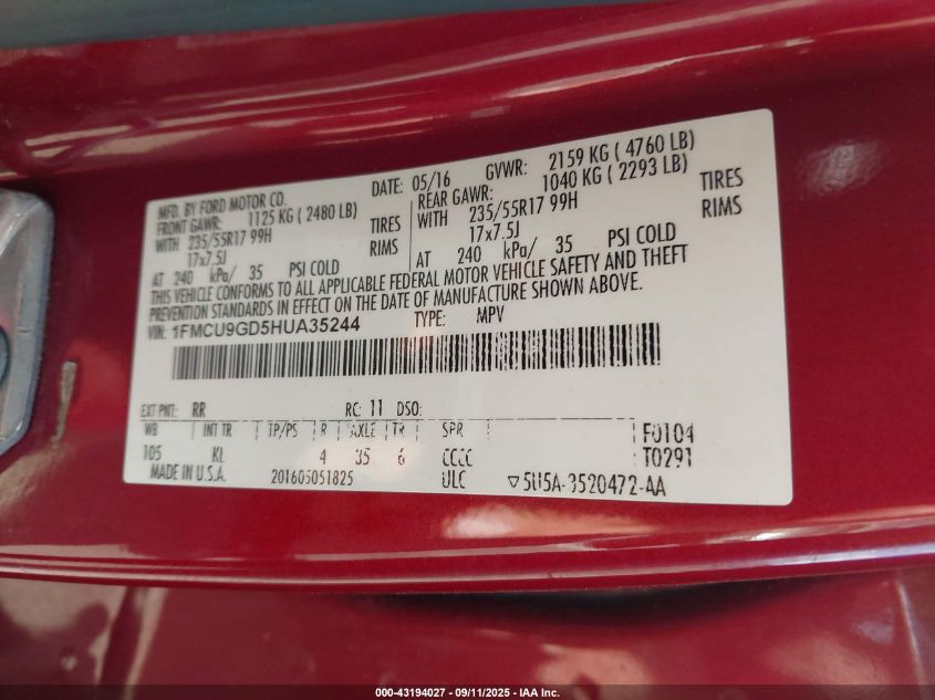 2017 Ford Escape Se VIN: 1FMCU9GD5HUA35244 Lot: 43194027