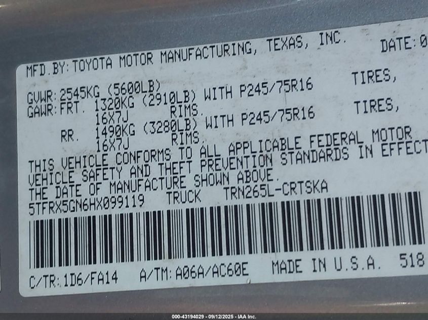 2017 Toyota Tacoma Sr VIN: 5TFRX5GN6HX099119 Lot: 43194029